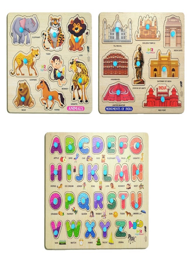 HIGHROOF® Kids Fort Pre Nursery Educational Jigsaw Puzzles for Adults Kids Learning Toys Kit Board Game 3 pcs Set of Animals Alphabets & Monuments of India Educational Toy - Image 1